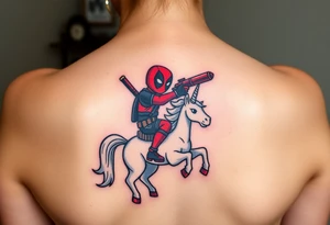 Deadpool riding unicorn pointing rocket propelled grenade launcher tattoo idea