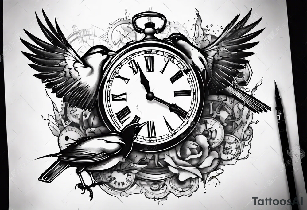 bird breaks the clock tattoo idea