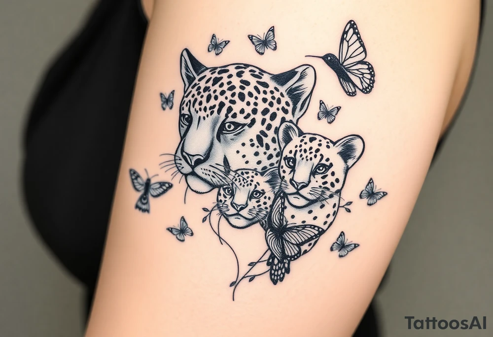 head of 3 jaguars (1 mother and 2 cubs) surrounded by butterflies and hummingbirds in new old school style tattoo idea