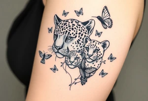 head of 3 jaguars (1 mother and 2 cubs) surrounded by butterflies and hummingbirds in new old school style tattoo idea