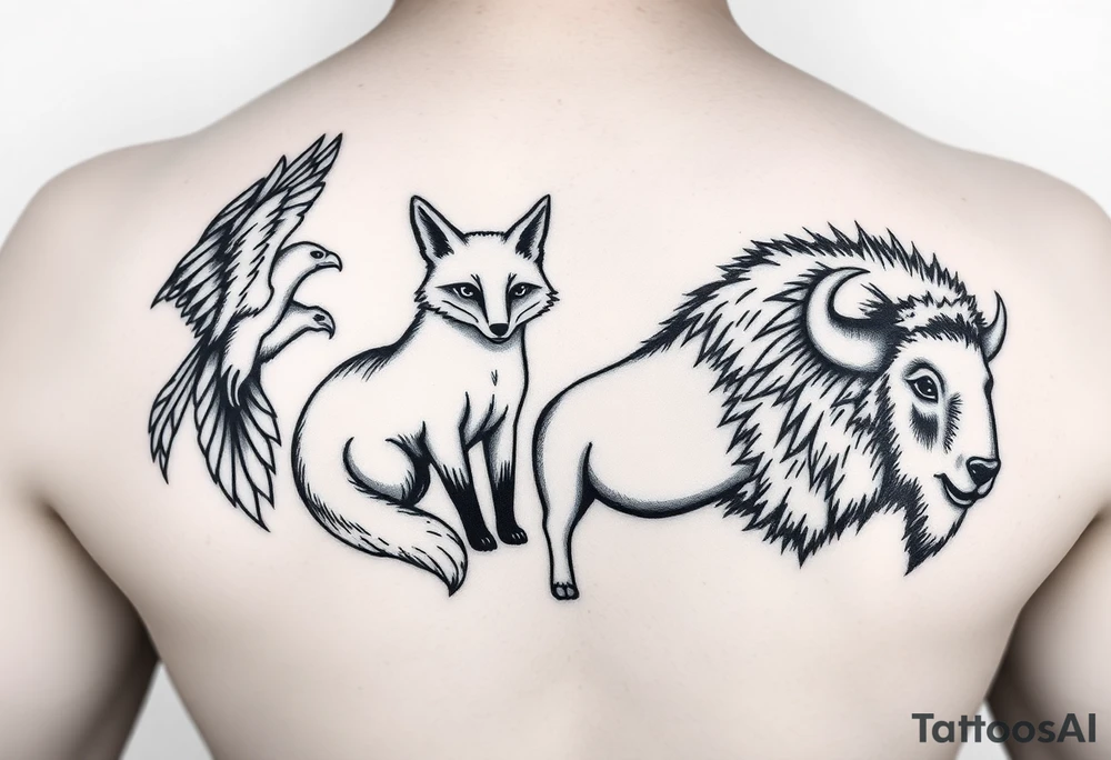 4 animals in a totem order, no space between them. An eagle, a fox, a bear and a bison. Black and white tattoo with fine clear but strong lines. It should show character and toughness. Light shadowing and pen/pencil type of illustration. 
It's for a group of siblings which will have the same tattoo (different order top to bottom) tattoo idea