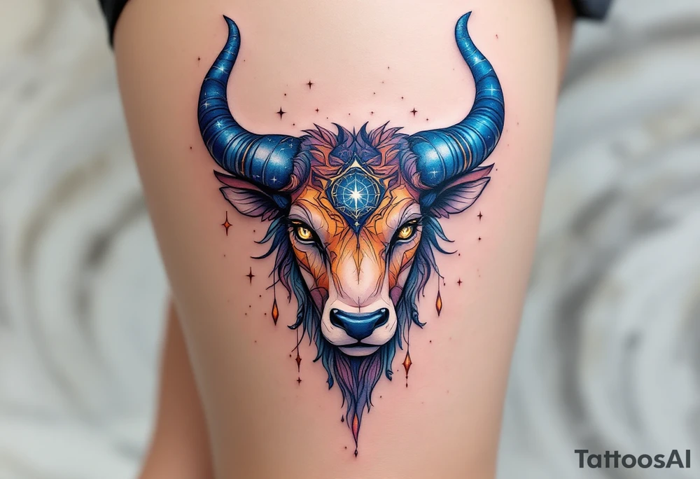 Like a cosmic guardian, Taurus watches with ochre eyes and glowing indigo horns with bold star constellation tattoo idea