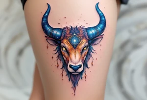 Like a cosmic guardian, Taurus watches with ochre eyes and glowing indigo horns with bold star constellation tattoo idea