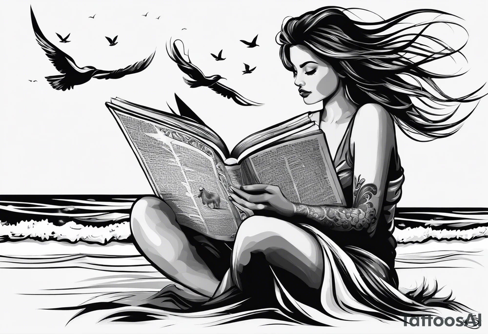 Someone is sitting on the beach reading a book and the pages are flying in the wind, the purpose of the tattoo is to emphasize that just as the pages are flying in the wind, you also have to flip through situations in life tattoo idea