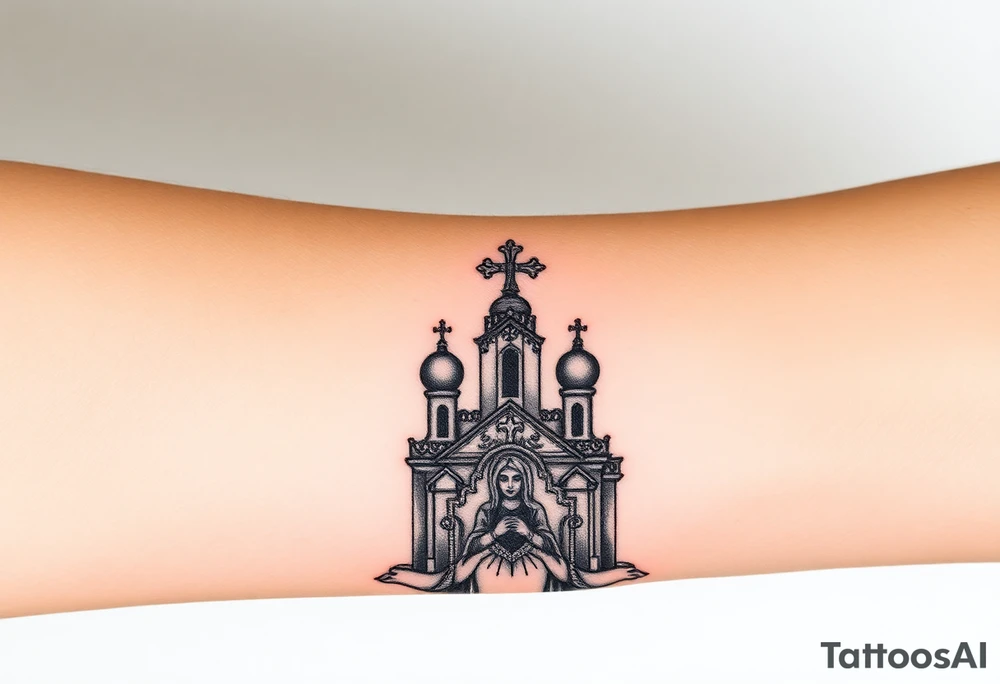 Russian Orthodox church with orthodox spire crosses, with clouds above it and a virgin mary seperately looking over hands on heart sat above tattoo idea
