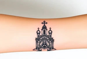 Russian Orthodox church with orthodox spire crosses, with clouds above it and a virgin mary seperately looking over hands on heart sat above tattoo idea