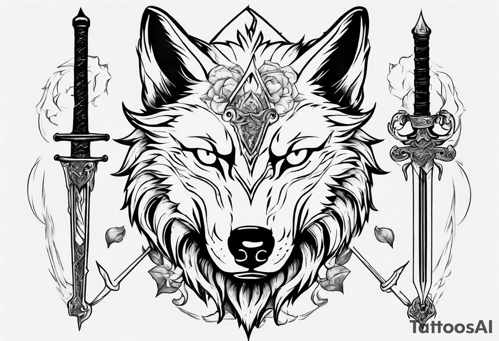 wolf head with a sword in the background tattoo idea