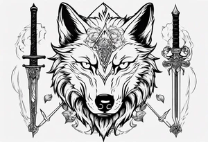 wolf head with a sword in the background tattoo idea