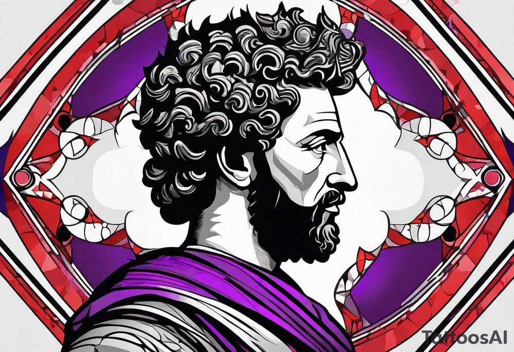 The Face of marcus aurelius with the lower left half missing. He is looking slightly away at 25 degrees. Geometric symbols framing the background. The background has small color splashes of red and purple. tattoo idea