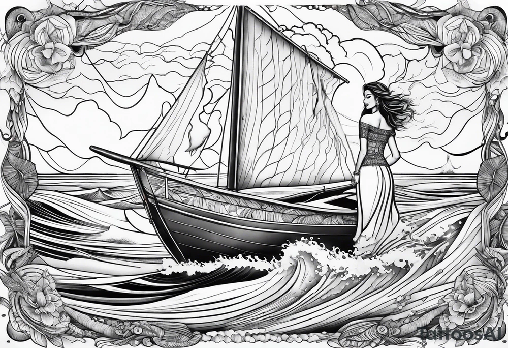 Hula girl on a sailboat with waves tattoo idea