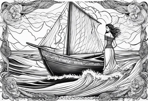 Hula girl on a sailboat with waves tattoo idea