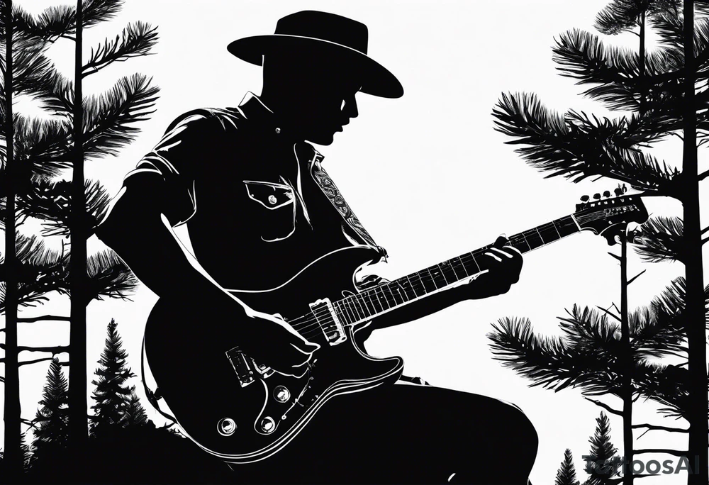 silhouette of a man playing electric guitar while sitting in a pine tree. no hat tattoo idea