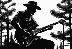 silhouette of a man playing electric guitar while sitting in a pine tree. no hat tattoo idea
