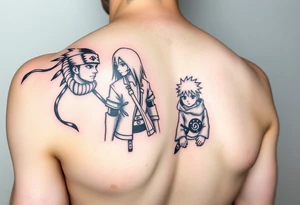 Naruto's Kyubi in the upper part of the arm next to Kushina, in the middle part to Minato with the Parka and in the lower part to newborn Naruto, in an anime style and like a manga tattoo idea