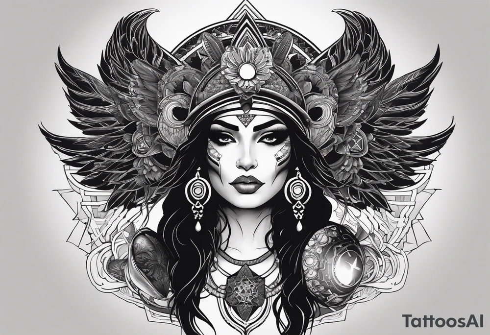 black kali, goddess pirate, alien, pachamama, valkrye, warrior, skull, lotus azul, wing, eagle, zenza resonance, stars, 5D, anahata chakra tattoo idea