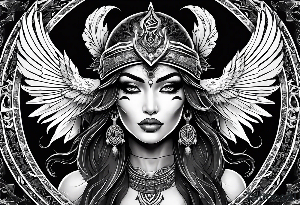 black kali, goddess pirate, alien, pachamama, valkrye, warrior, skull, lotus azul, wing, eagle, zenza resonance, stars, 5D tattoo idea