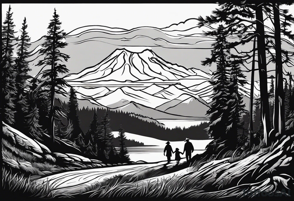 A shadow of a family of four walking through the Pacific northwest landscape. Father, Wife, Son, daughter.
 Faith centered and add Mexican culture .  Add border with importance of faith tattoo idea