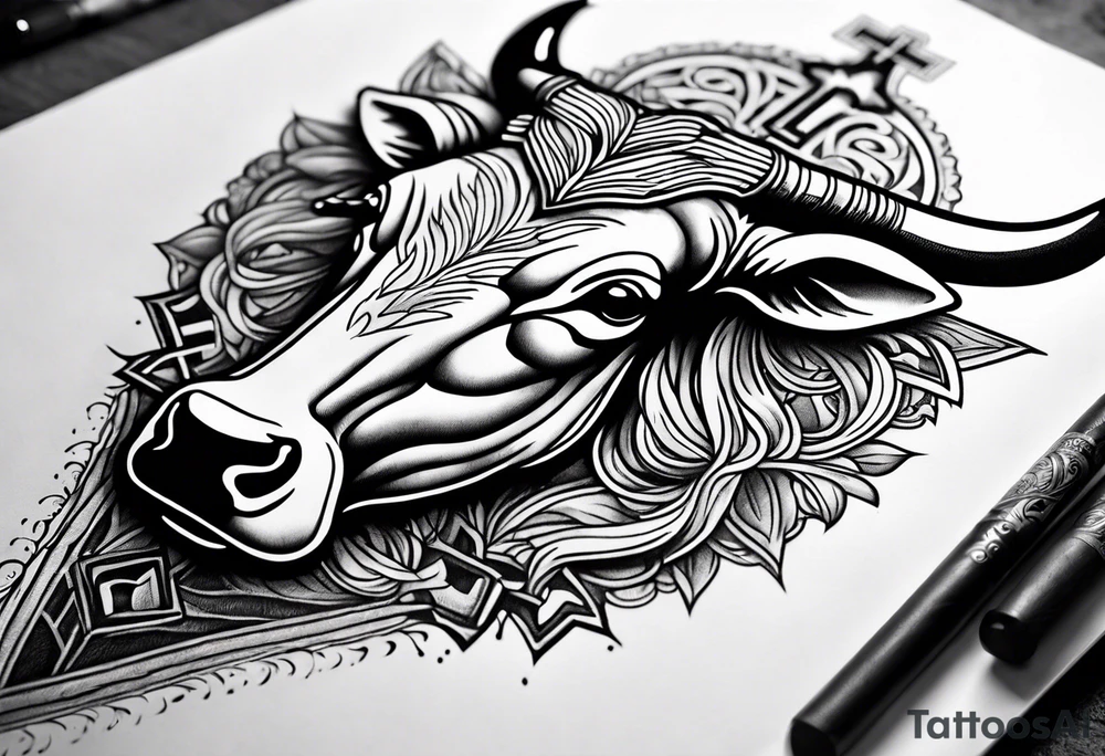 leather detail with cow tag and cross sleeve tattoo idea