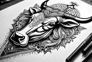 leather  detail with cow tag and cross sleeve tattoo idea