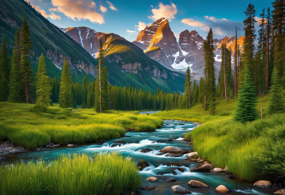 Imagine the majestic Rocky Mountains rising up in the background, their snow-capped peaks reaching towards the sky. Below them, a lush forest of pine trees spreads out, their deep green needles contrasting against the rugged terrain. In the foreground, a winding river flows through the landscape, its clear waters reflecting the colors of the setting sun.

Above, the sky transitions from the warm hues of sunset to the deep blues and purples of nightfall, fading into darkness speckled with stars. Among the stars, you could have a constellation resembling the momentous night you met her, perhaps even adding her zodiac sign for a personal touch.

In elegant script, the words "I knew the moment I saw her" could be woven into the design, perhaps following the contours of the river or nestled within the branches of a tree.

The overall effect would be a breathtaking scene capturing the beauty of Colorado's nature, combined with the sentiment of that special moment when your paths first crossed. tattoo idea