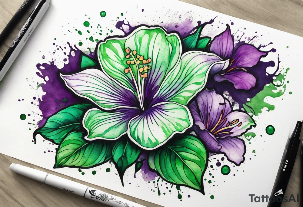 A mystical outline of a green and purple rio dipladenia flower and a green and purple watercolor splash in the background tattoo idea