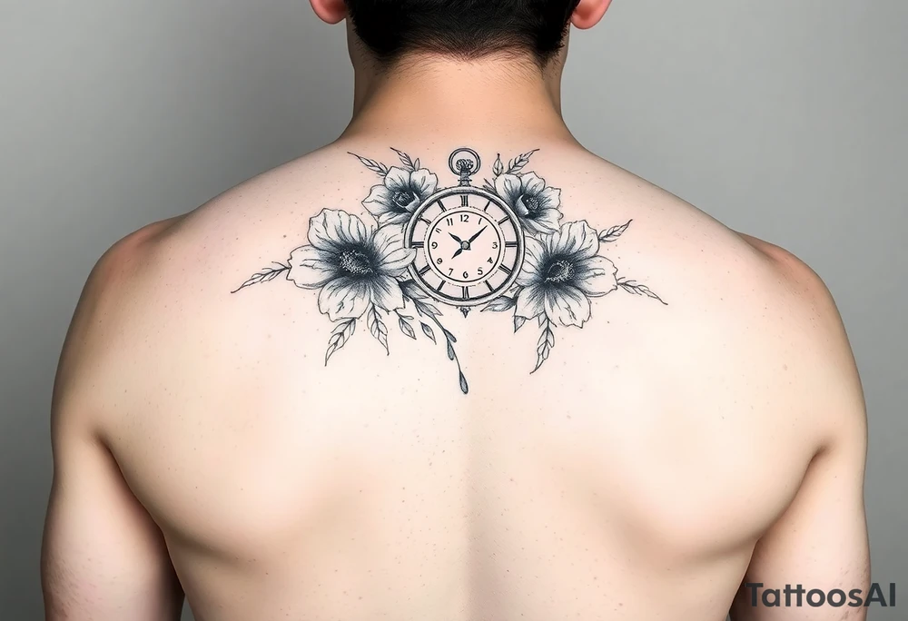 Pretty flowers with 8/20/65 included and leo sign with a heart clock on shoulder tattoo idea