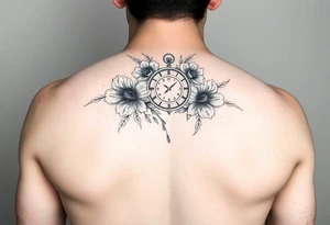 Pretty flowers with 8/20/65 included and leo sign with a heart clock on shoulder tattoo idea