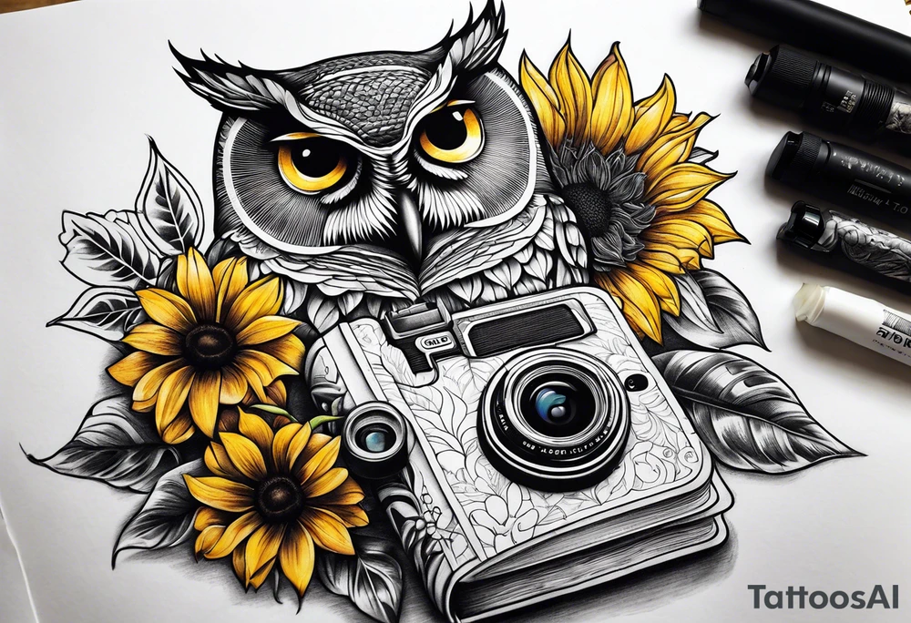 Sunflower, camera, book, owl, flower rose tattoo idea