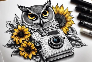 Sunflower, camera, book, owl, flower rose tattoo idea