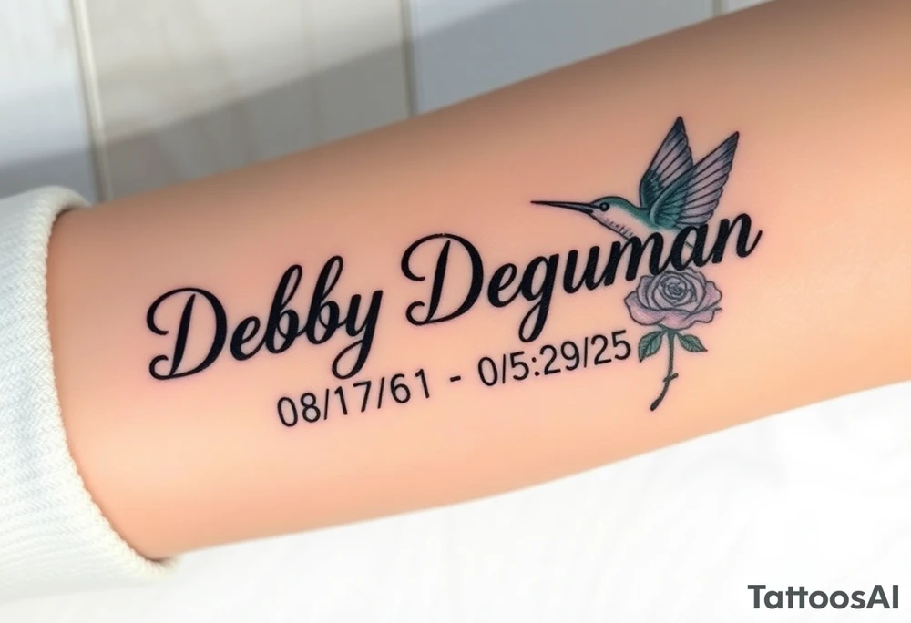 Tattoo of the name Debby Deguzman in chunky bold curly cursive with the exact dates of 08/17/61-05/29/25 surrounded by a hummingbird and a rose tattoo idea