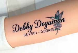 Tattoo of the name Debby Deguzman in chunky bold curly cursive with the exact dates of 08/17/61-05/29/25 surrounded by a hummingbird and a rose tattoo idea