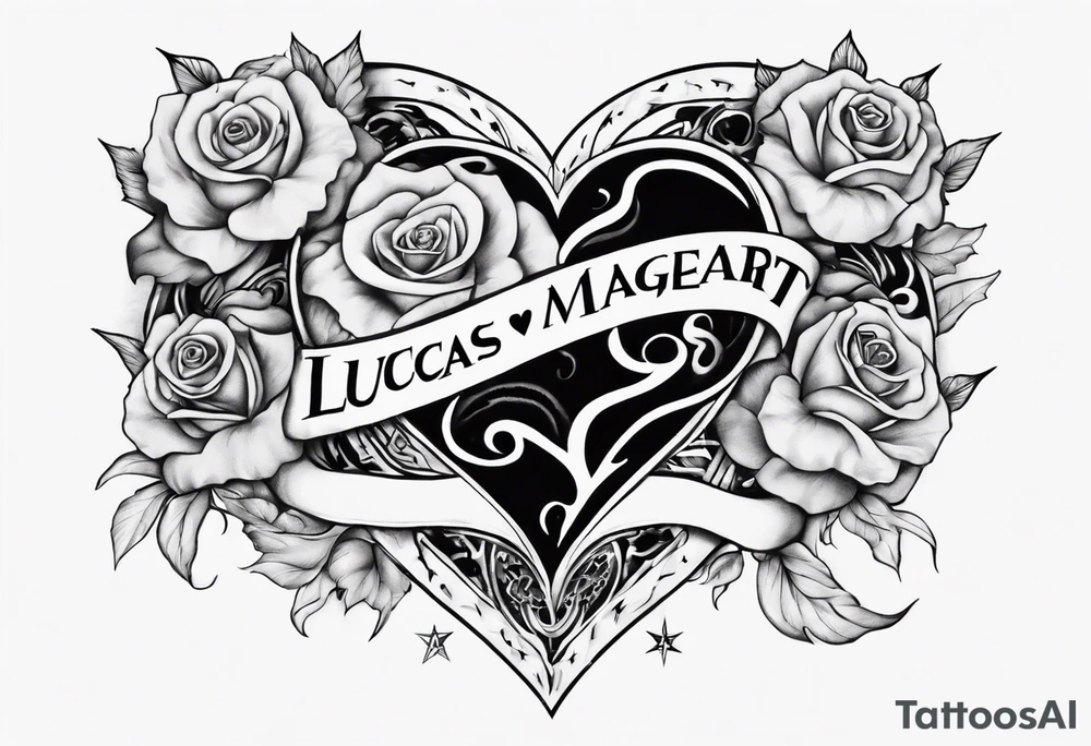 A black heart with the words Lucas and Margaret tattoo idea