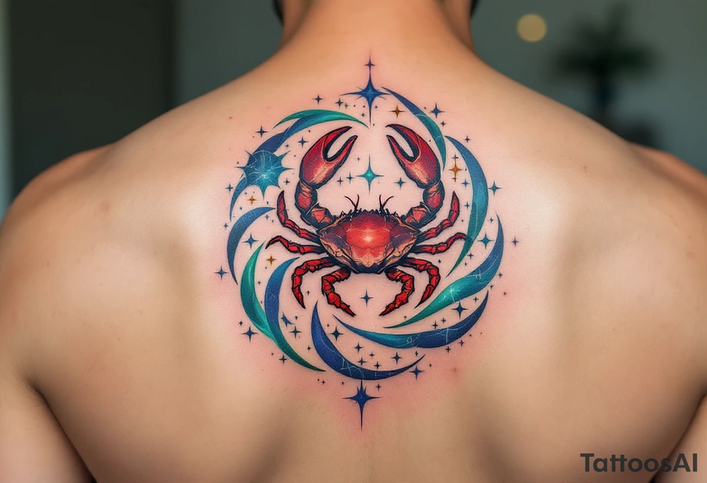 The Cancer zodiac in bold red sits at the heart of a swirling indigo and emerald star constellation. tattoo idea