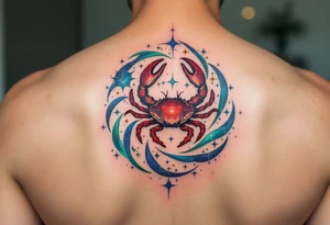 The Cancer zodiac in bold red sits at the heart of a swirling indigo and emerald star constellation. tattoo idea