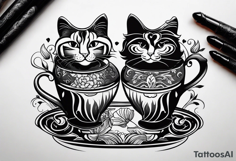 2 Coffee drinking Cats. One is black with white paws and a white tail tip. The other one is black and gray, classic tiger pattern. It should Look really french. tattoo idea