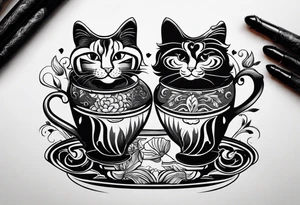 2 Coffee drinking Cats. One is black with white paws and a white tail tip. The other one is black and gray, classic tiger pattern. It should Look really french. tattoo idea