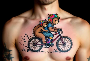 A bear and cub riding a bike together, drawn in simple round shapes with brown fur and colorful helmets. tattoo idea