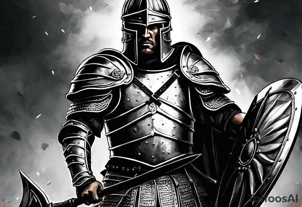 high quality black and white illustration, full body image, a strong tall roman centurion, wearing armour, wearing a belt, wearing armoured shoes, wearing a metal breastplate, holding a large shield, wearing a helmet, holding a sword. Flaming arrows are being fired at the centurion, he is blocking the arrows with his shield tattoo idea