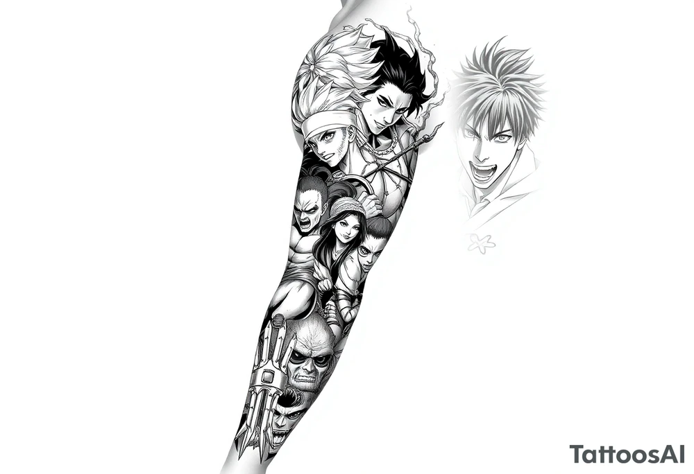Battle royal anime sleeve with several characters from different Manga tattoo idea