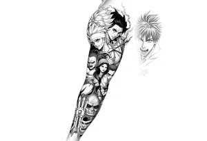 Battle royal anime sleeve with several characters from different Manga tattoo idea