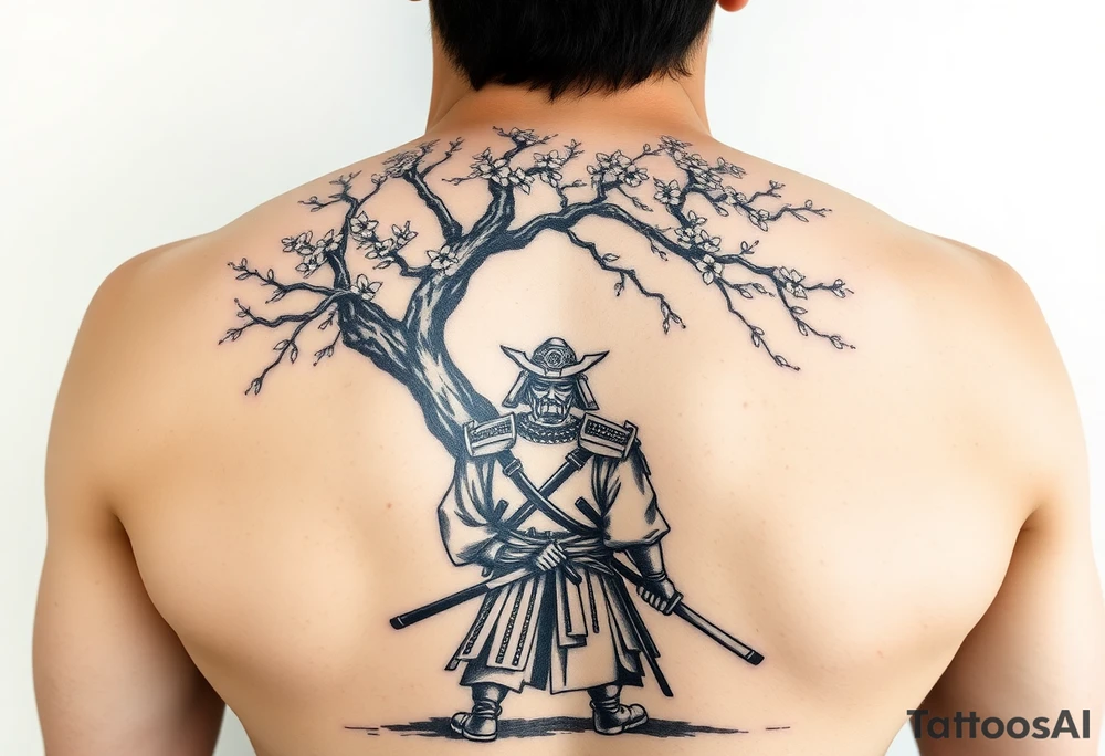 Ronin samurai standing under cherry blossom tree tattoo idea