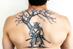 Ronin samurai standing under cherry blossom tree tattoo idea