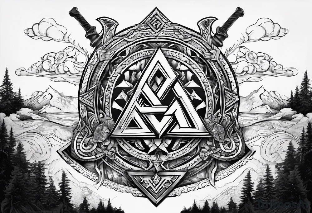 Valhalla sword shield axe Valknut tattoo idea