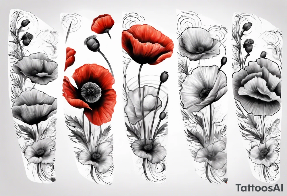 arm Sleeve with 14 poppies, one black and white. military themed tattoo idea