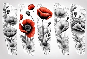 arm Sleeve with 14 poppies, one black and white. military themed tattoo idea