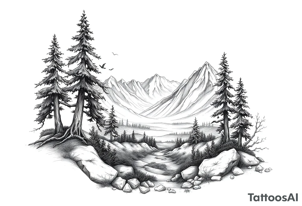 Create a scenic nature scene with lots of details tattoo idea