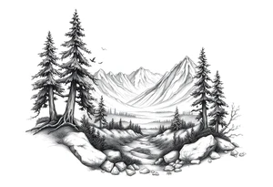 Create a scenic nature scene with lots of details tattoo idea