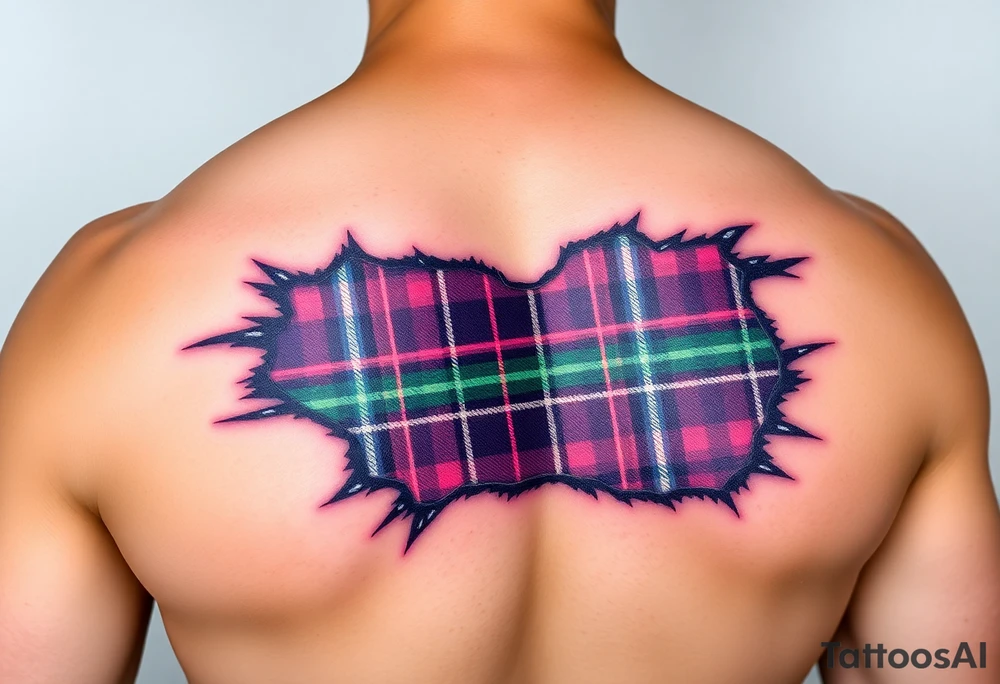 Dark Purple with green pink blue and white highlights tartan fabric on bicep with skin shedding away to reveal tartan underneath tattoo idea