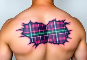 Dark Purple with green pink blue and white highlights tartan fabric on bicep with skin shedding away to reveal tartan underneath tattoo idea