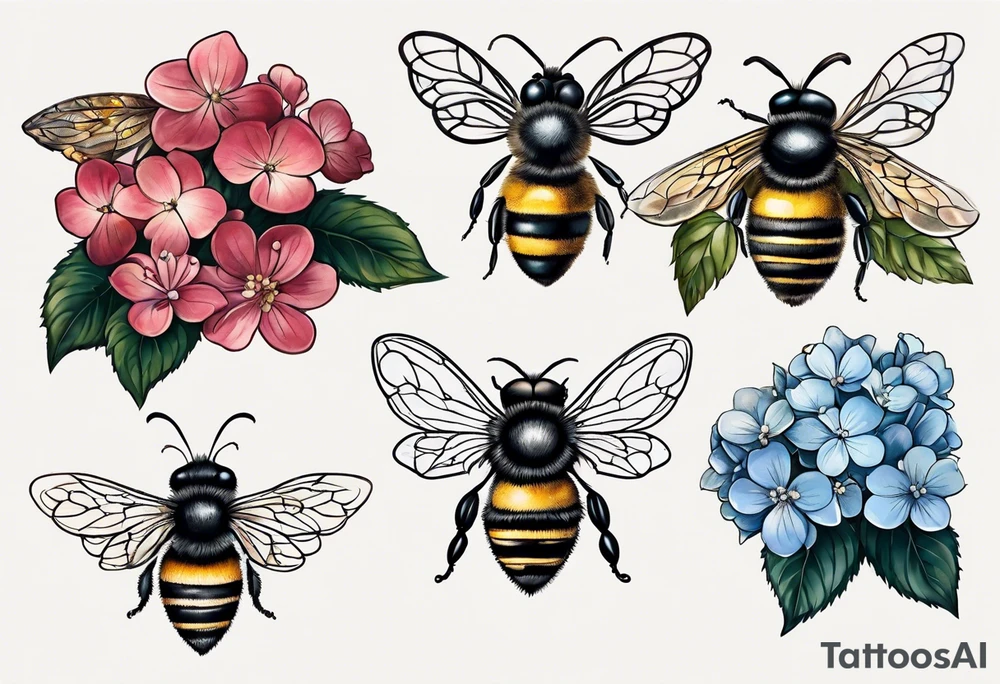 Small tattoo. There’s a hydrangea and a bee but they are not touching. Make the bee smaller than the hydrangea and have the bee off to the side. Bee is smaller than the hydrangea tattoo idea